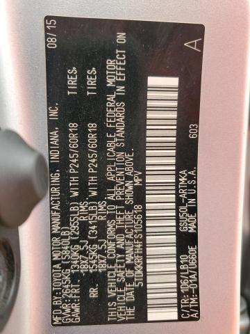 5TDKKRFH4FS105618 - 2015 TOYOTA HIGHLANDER XLE SILVER photo 14