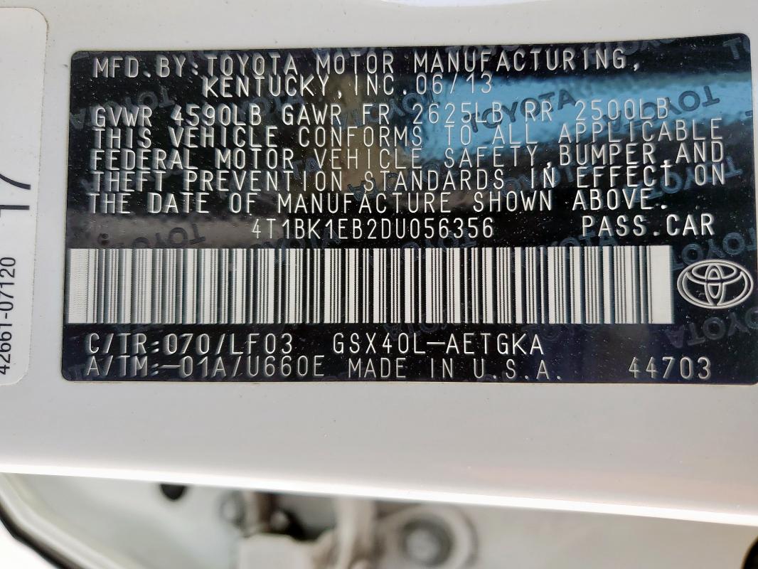 4T1BK1EB2DU056356 - 2013 TOYOTA AVALON BASE أبيض صورة 12