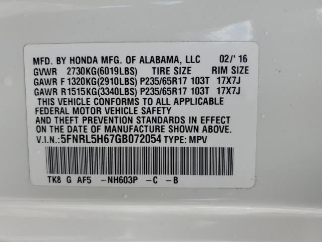 5FNRL5H67GB072054 - 2016 HONDA ODYSSEY EXL WHITE photo 14