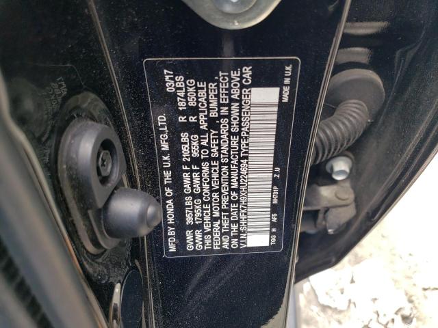 SHHFK7H9XHU224694 - 2017 HONDA CIVIC SPORT TOURING BLACK photo 12