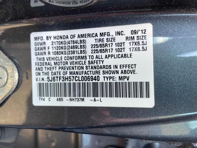 5J6TF3H57CL006940 - 2012 HONDA CROSSTOUR EXL ნაცრისფერი ფოტო 10