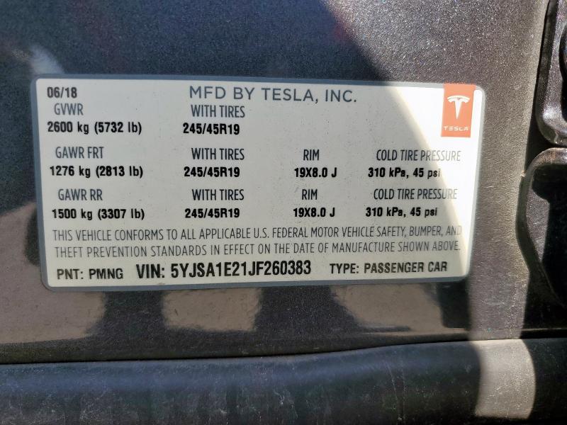 5YJSA1E21JF260383 - 2018 TESLA MODEL S 灰色 照片 12