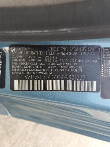 WBAEK73404B321227 - 2004 BMW 645 CI AUTOMATIC TURQUOISE photo 13