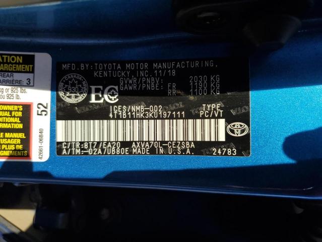 4T1B11HK3KU197111 - 2019 TOYOTA CAMRY L BLUE photo 12