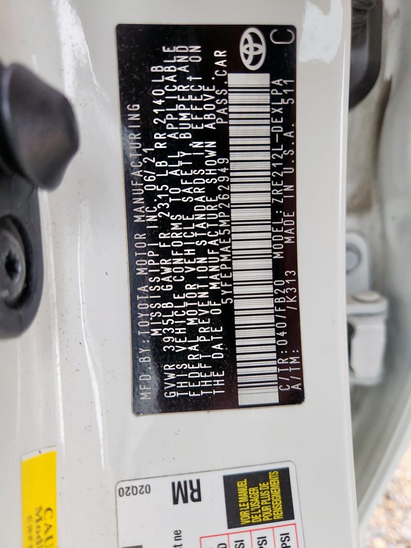 5YFEPMAE5MP262949 - 2021 TOYOTA COROLLA LE თეთრი ფოტო 12