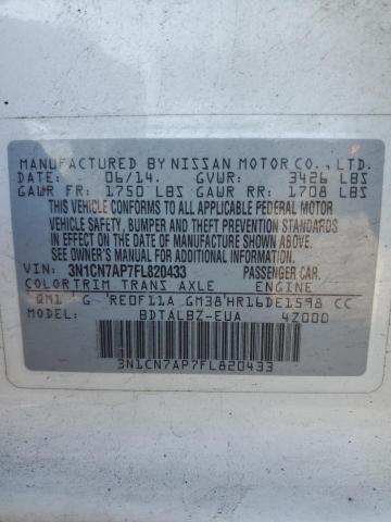 3N1CN7AP7FL820433 - 2015 NISSAN VERSA S WHITE photo 12