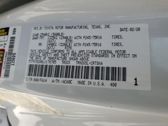 5TFRX5GN8LX178705 - 2020 TOYOTA TACOMA ACCESS CAB თეთრი ფოტო 12