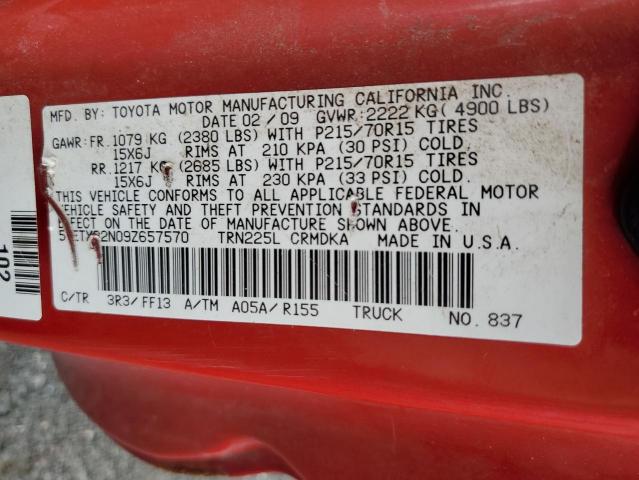 5TETX22N09Z657570 - 2009 TOYOTA TACOMA ACCESS CAB წითელი ფოტო 12