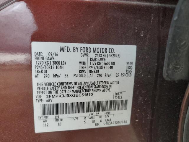 2FMPK3J9XGBC51510 - 2016 FORD EDGE SEL BURGUNDY photo 12