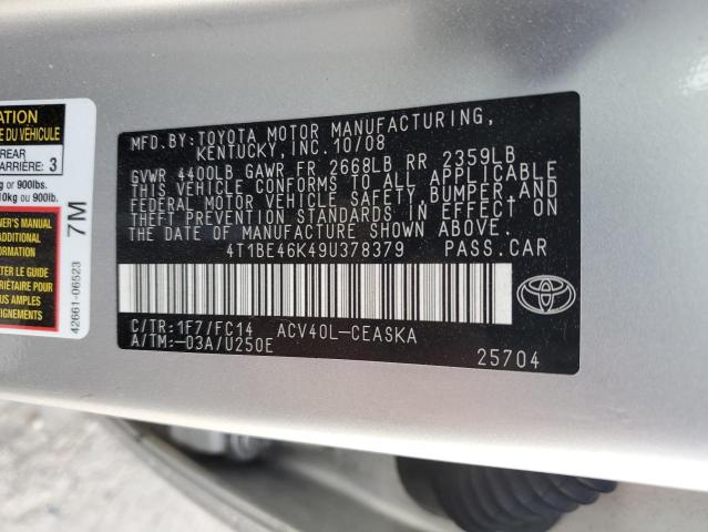 4T1BE46K49U378379 - 2009 TOYOTA CAMRY BASE SILVER photo 13