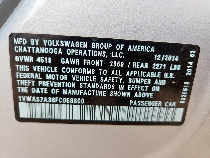1VWAS7A36FC058800 - 2015 VOLKSWAGEN PASSAT S SILVER photo 12