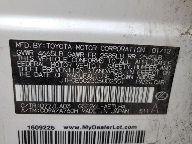 JTHCE5C23C5002551 - 2012 LEXUS IS 350 WHITE photo 12