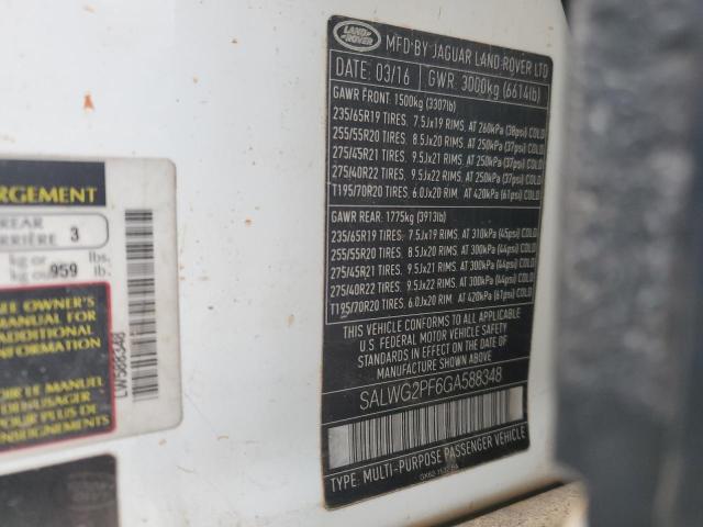 SALWG2PF6GA588348 - 2016 LAND ROVER RANGE ROVE SE WHITE photo 10