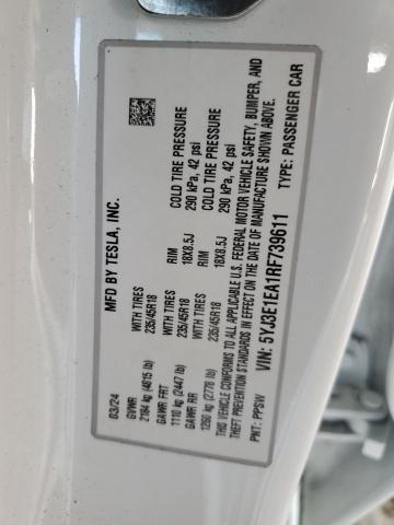 5YJ3E1EA1RF739611 - 2024 TESLA MODEL 3 白色 照片 12