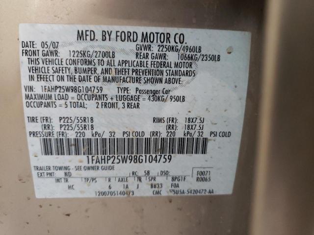 1FAHP25W98G104759 - 2008 FORD TAURUS LIMITED TAN photo 13