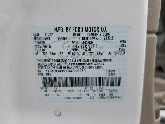 1FMCU931X8KC25273 - 2008 FORD ESCAPE XLT WHITE photo 13