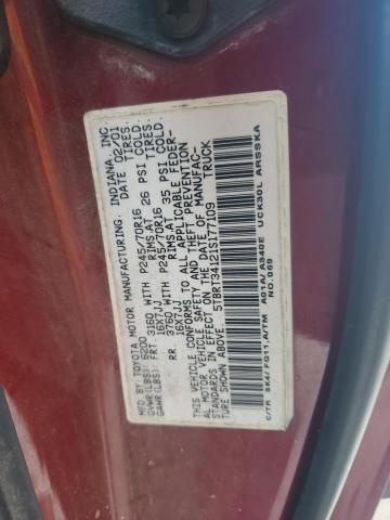 5TBRT34121S177109 - 2001 TOYOTA TUNDRA ACCESS CAB 栗色 照片 12