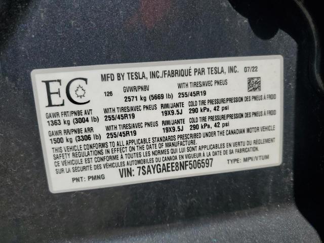 7SAYGAEE8NF506597 - 2022 TESLA MODEL Y 灰色 照片 13
