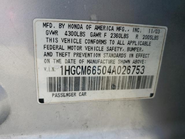 1HGCM66504A026753 - 2004 HONDA ACCORD EX SILVER photo 12