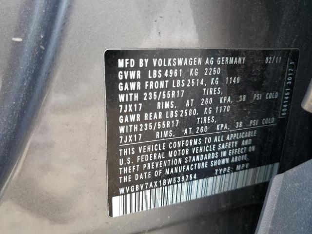 WVGBV7AX1BW539754 - 2011 VOLKSWAGEN TIGUAN S GRAY photo 13