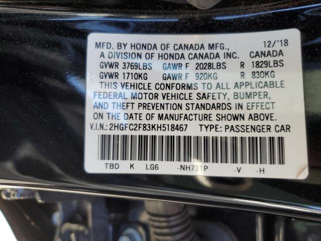 2HGFC2F83KH518467 - 2019 HONDA CIVIC SPORT 黑色 照片 13