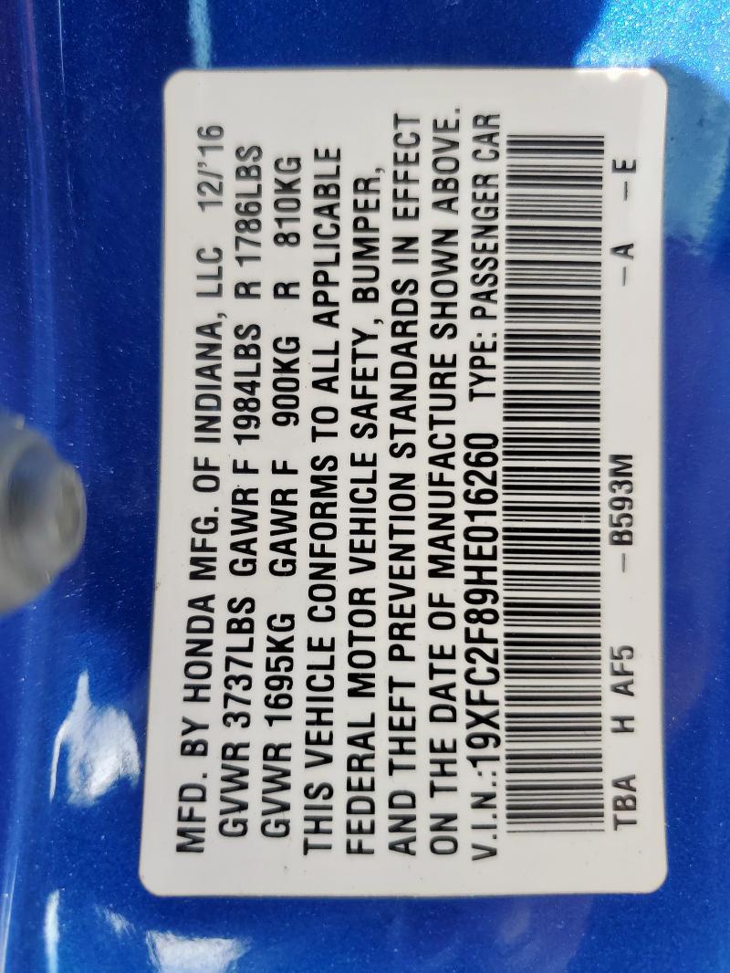 19XFC2F89HE016260 - 2017 HONDA CIVIC EX BLUE photo 12