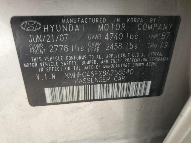 KMHFC46FX8A258340 - 2008 HYUNDAI AZERA SE GOLD photo 12