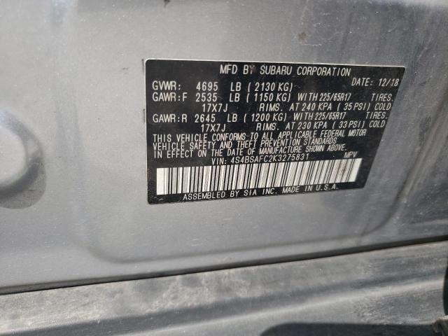 4S4BSAFC2K3275831 - 2019 SUBARU OUTBACK 2.5I PREMIUM SILVER photo 12