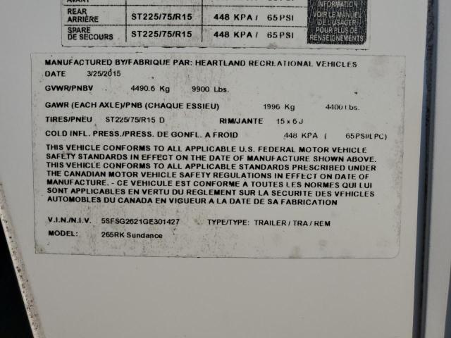 5SFSG2621GE301427 - 2016 HEARTLAND SUNDANCE 265RK 白色 照片 10