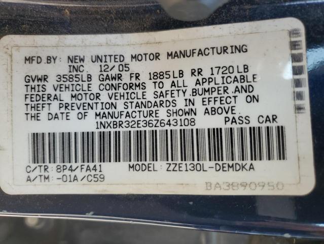 1NXBR32E36Z643108 - 2006 TOYOTA COROLLA CE 蓝色 照片 12