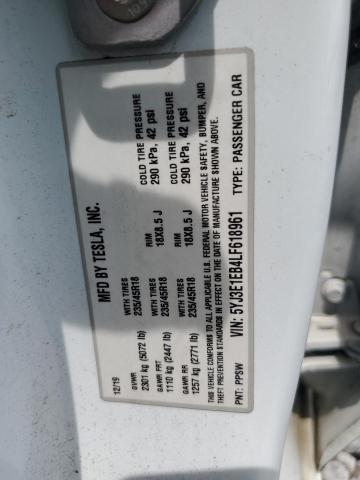 5YJ3E1EB4LF618961 - 2020 TESLA MODEL 3 Blanc photo 12