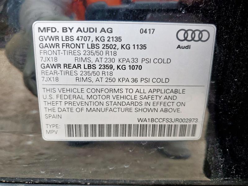 WA1BCCFS3JR002973 - 2018 AUDI Q3 PREMIUM Қара фото 13