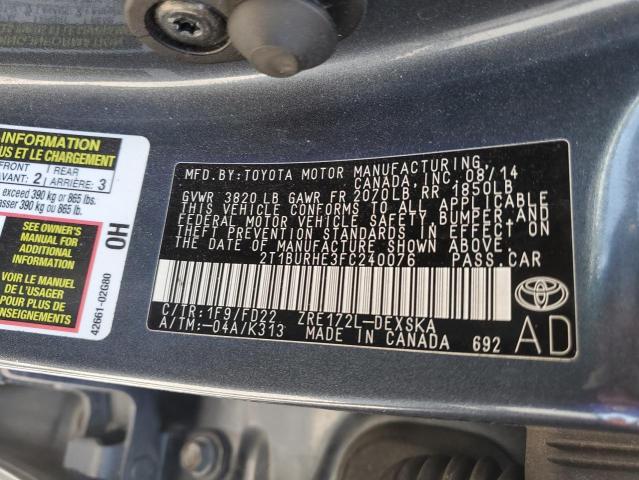 2T1BURHE3FC240076 - 2015 TOYOTA COROLLA L GRAY photo 12