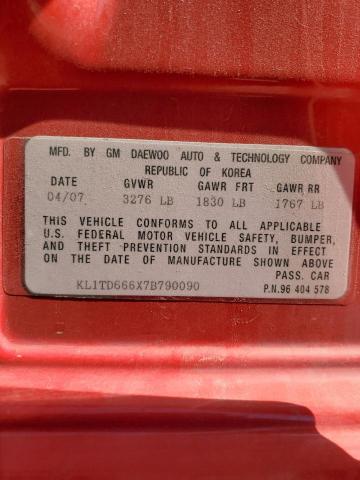 KL1TD666X7B790090 - 2007 CHEVROLET AVEO BASE RED photo 12