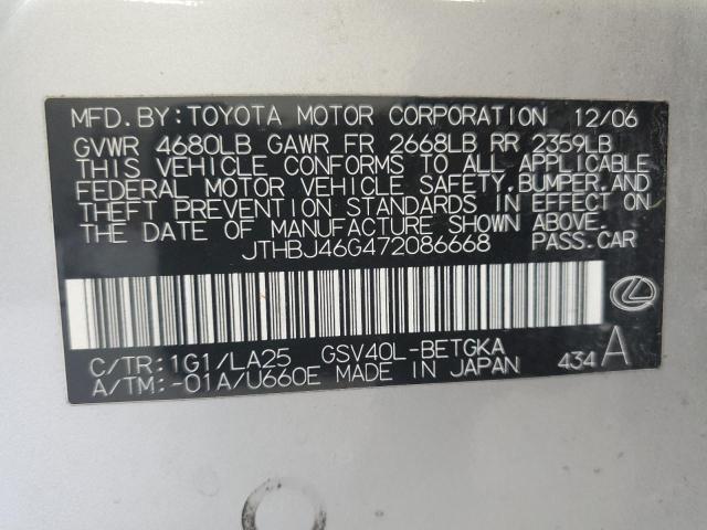 JTHBJ46G472086668 - 2007 LEXUS ES 350 SILVER photo 12