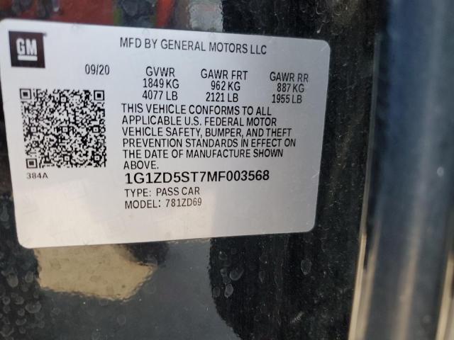 1G1ZD5ST7MF003568 - 2021 CHEVROLET MALIBU LT შავი ფოტო 12