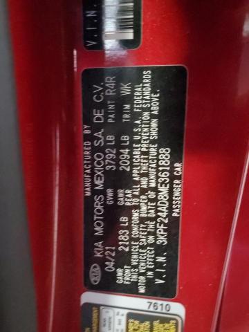 3KPF24AD8ME361888 - 2021 KIA FORTE FE RED photo 12