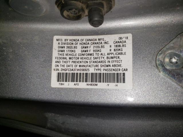 2HGFC3A37JH356925 - 2018 HONDA CIVIC EX SILVER photo 12