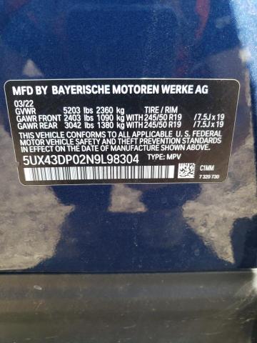 5UX43DP02N9L98304 - 2022 BMW X3 SDRIVE30I BLUE photo 13