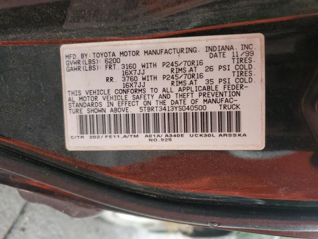 5TBRT3413YS040500 - 2000 TOYOTA TUNDRA ACCESS CAB შავი ფოტო 12