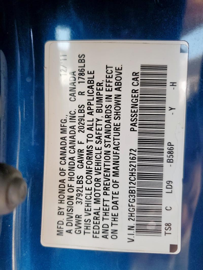 2HGFG3B12CH521672 - 2012 HONDA CIVIC EXL BLUE photo 12