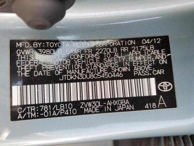 JTDKN3DU8C5450446 - 2012 TOYOTA PRIUS TEAL photo 12