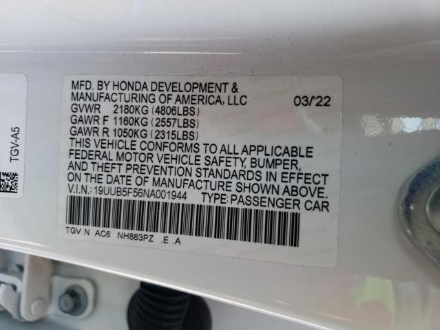 19UUB5F56NA001944 - 2022 ACURA TLX TECH A WHITE photo 12