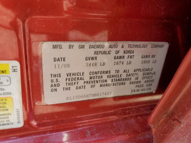 KL1TD66E79B617413 - 2009 CHEVROLET AVEO LS 红色 照片 12