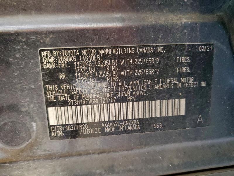 2T3H1RFV6MC121707 - 2021 TOYOTA RAV4 LE GRAY photo 12