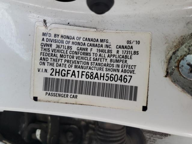 2HGFA1F68AH560467 - 2010 HONDA CIVIC LX-S თეთრი ფოტო 12