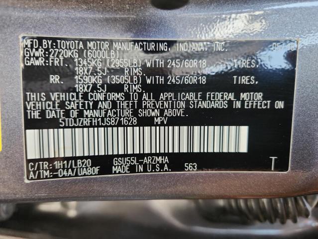 5TDJZRFH1JS871628 - 2018 TOYOTA HIGHLANDER SE GRAY photo 13