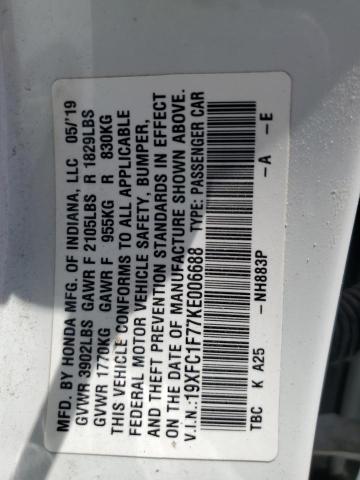 19XFC1F77KE006688 - 2019 HONDA CIVIC EXL WHITE photo 12