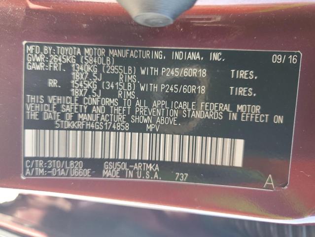 5TDKKRFH4GS174858 - 2016 TOYOTA HIGHLANDER XLE أحمر صورة 13