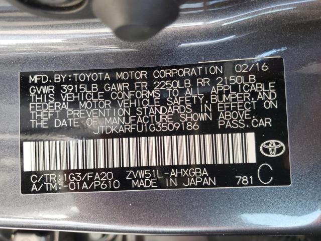 JTDKARFU1G3509186 - 2016 TOYOTA PRIUS GRAY photo 13